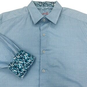 Robert Graham Mens Large Blue Textured Geometric Paisley Flip Cuff Long Sleeve